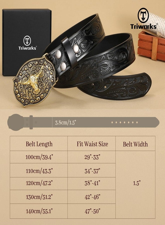 TRIWORKS Mens Western Cowboy Belt Cowgirl Embossed Leather Belt with Floral Engraved Buckle - Image 4